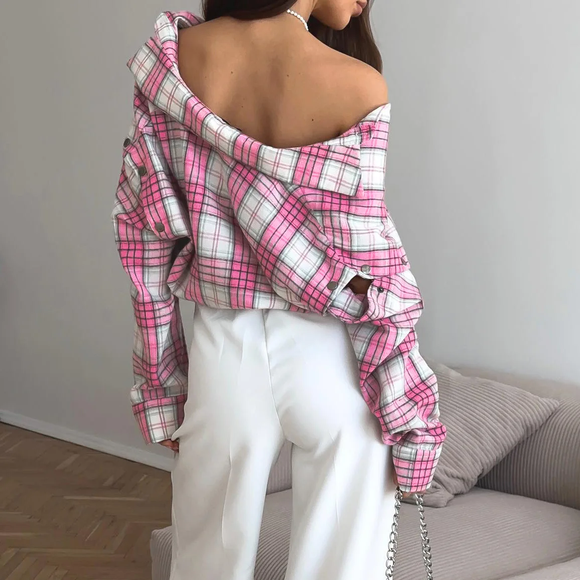 Women's Pink Plaid Shirts 2026 New Fashion Loose Oversized Blouse Can Remove Long Sleeve Turn-Down Collar Outerwear Tops