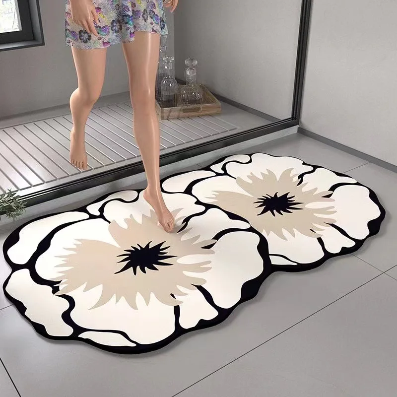 1PC Flower Pattern Diatomaceous Soil Bathroom Non-Slip Mat Decorative Floor Mat Super Absorbent Soft Shower Entrance Carpet view 2