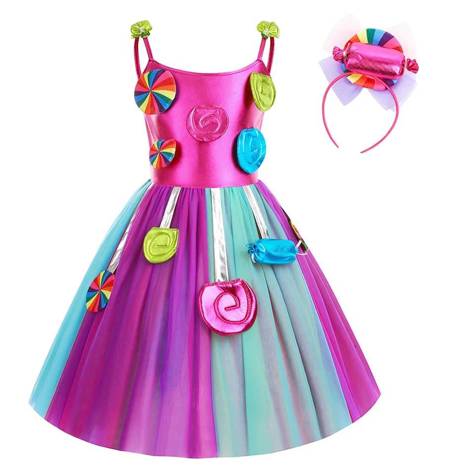 Rainbow Candy Princess Dress Girls Ball Lollipop Purim Costume for Kids with Headband Holiday Birthday Party Clothes Outfits