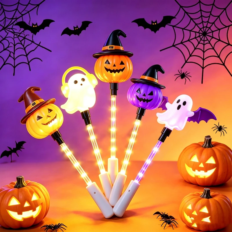 Halloween LED Light Stick Kids Handheld Pumpkin Glow Wand Party Atmosphere Decorative Lamp Trick or Treat Holiday Light Up Toy