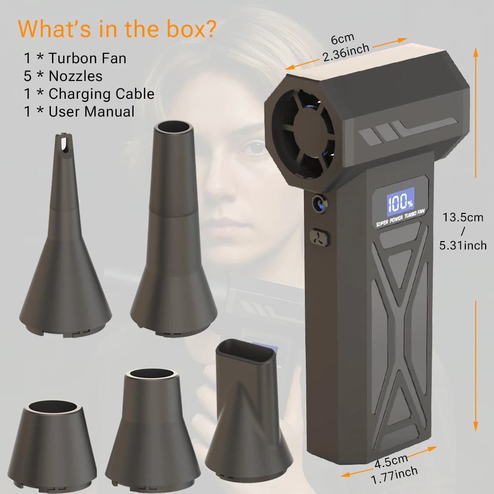 Высокоскоростной турбовентилятор 130000 об/мин, профессиональный комплект с 5 насадками и быстрой зарядкой через USB, очистка автомобиля/электронное удаление пыли/зажигание барбекю на открытом воздухе/многофункциональный пылеочиститель/снежный вентилятор, портативный ручной пылесос