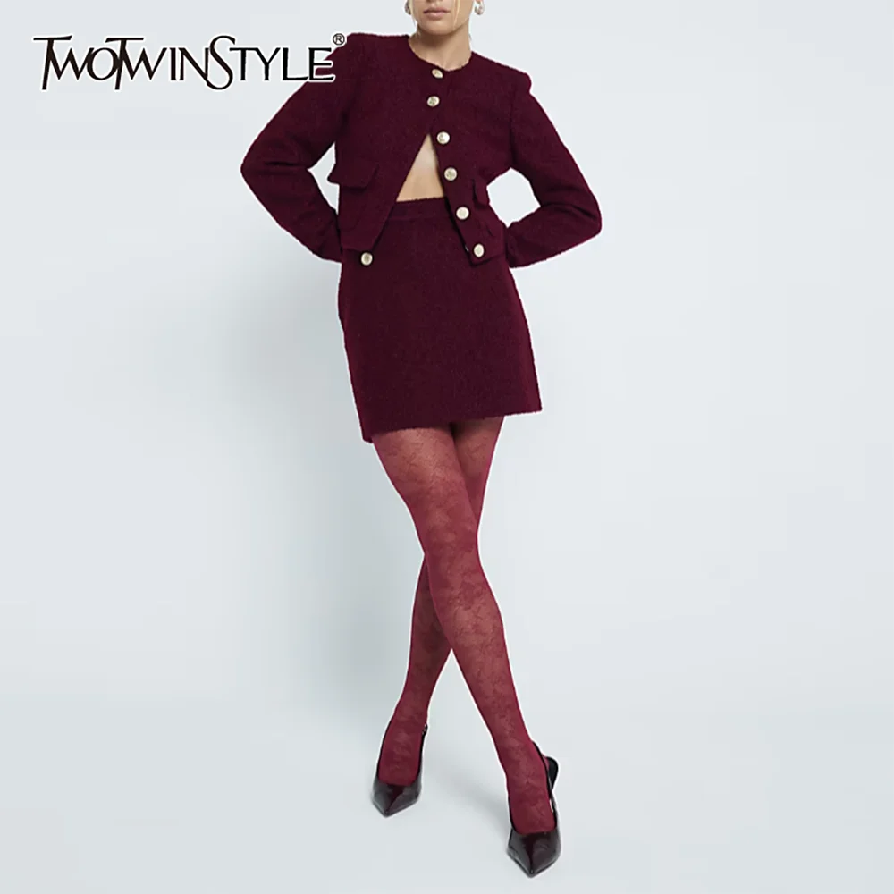 

TWOTWINSTYLE Solid Two Piece Set For Women O Neck Long Sleeve Top High Waist Skirts Spliced Button Sets Female Fashion Style New