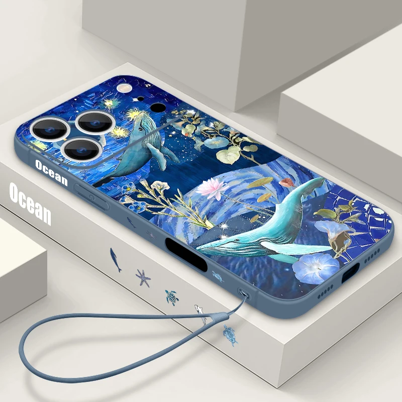 Funda de teléfono TPU con correa para la muñeca para iPhone 17 16 15 Pro Max 12 13 14 Pro Max Air 11 Dreamy Ocean, funda de silicona suave con estampado