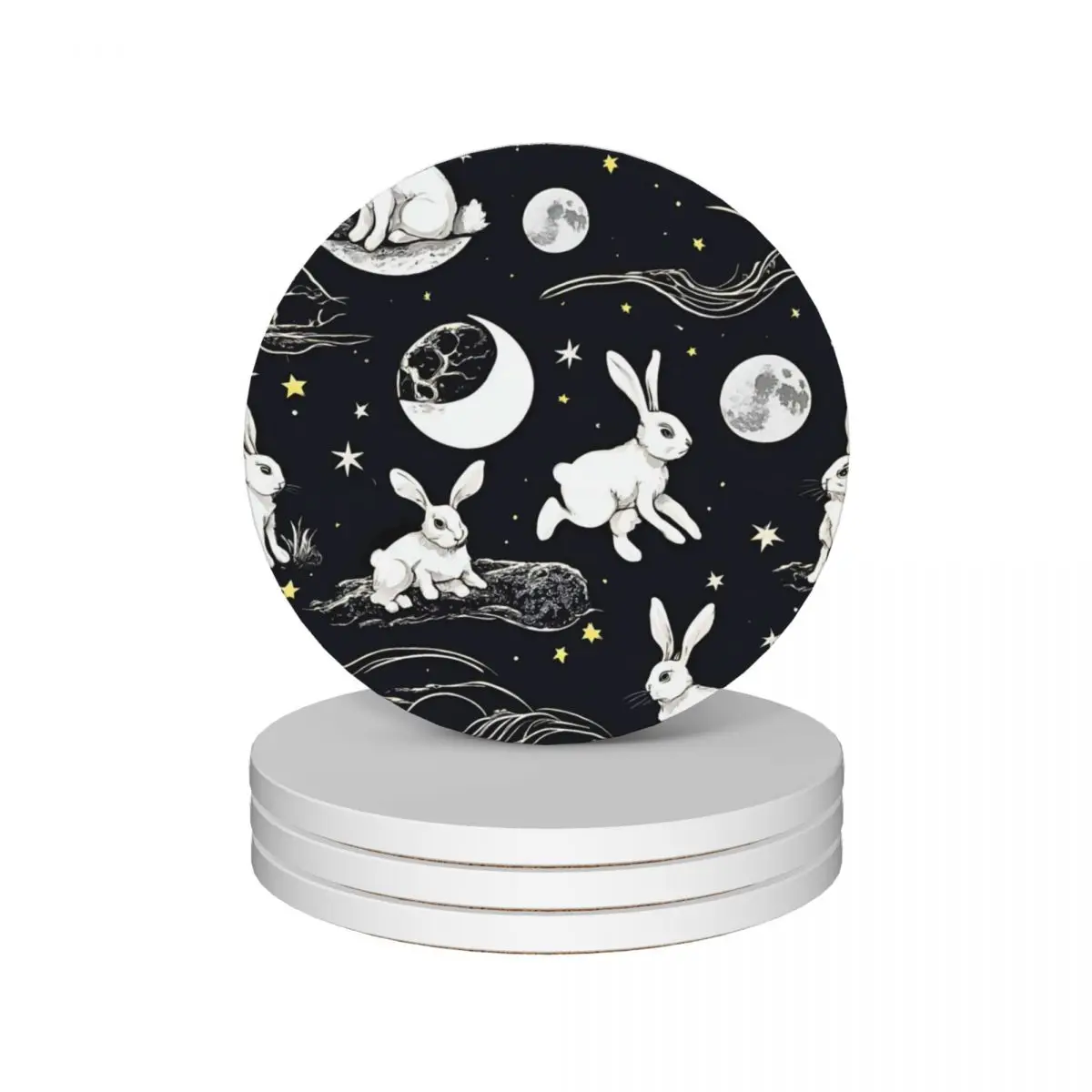 

Seamless White Rabbits On The Moon Ceramic Coasters (Set of 4) cute eat table Coasters