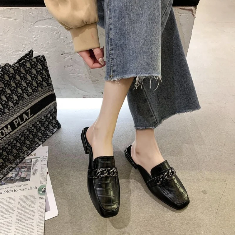 2024 New Chain Mules Women Slides Square Toe Ladies Striped Shoes Summer Fashion Footwear Plus Big Size