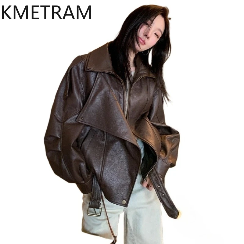 100% Real sheepskin Jacket Woman Brown Biker Genuine Leather Jackets High Quality Outerwears Fall Clothes 2025 Women дубле