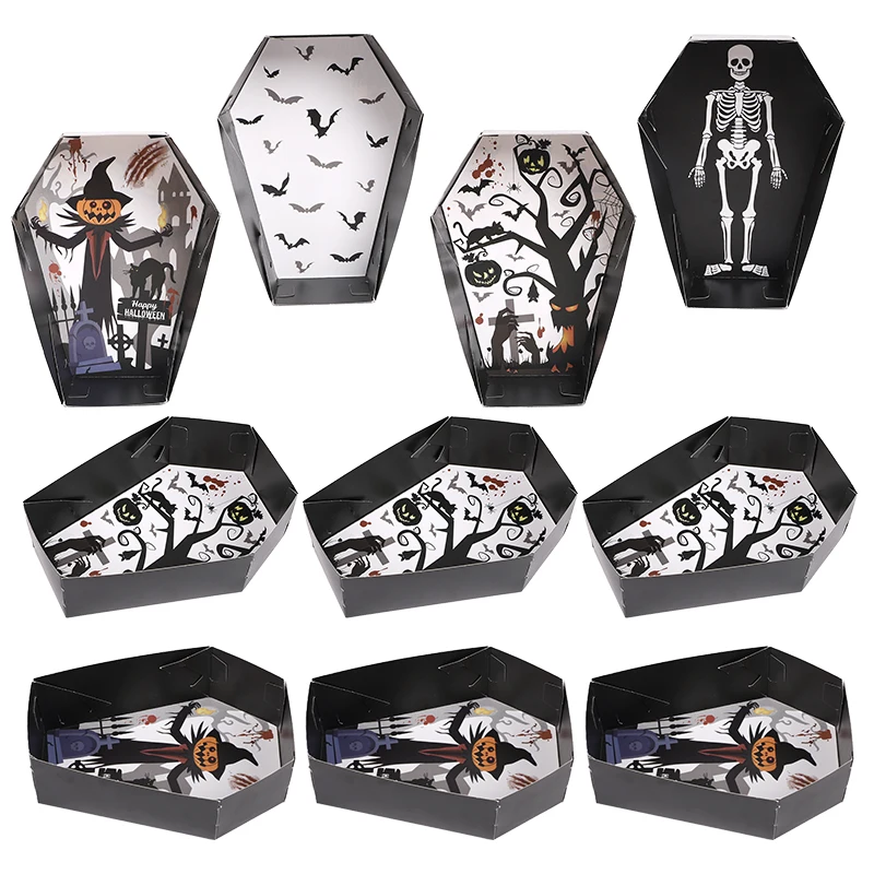 12/24pcs Halloween Coffin Shaped Candy Box Bat Pumpkin Skeleton Spider Pattern Baked Dessert Halloween Party Gift Packaging Box