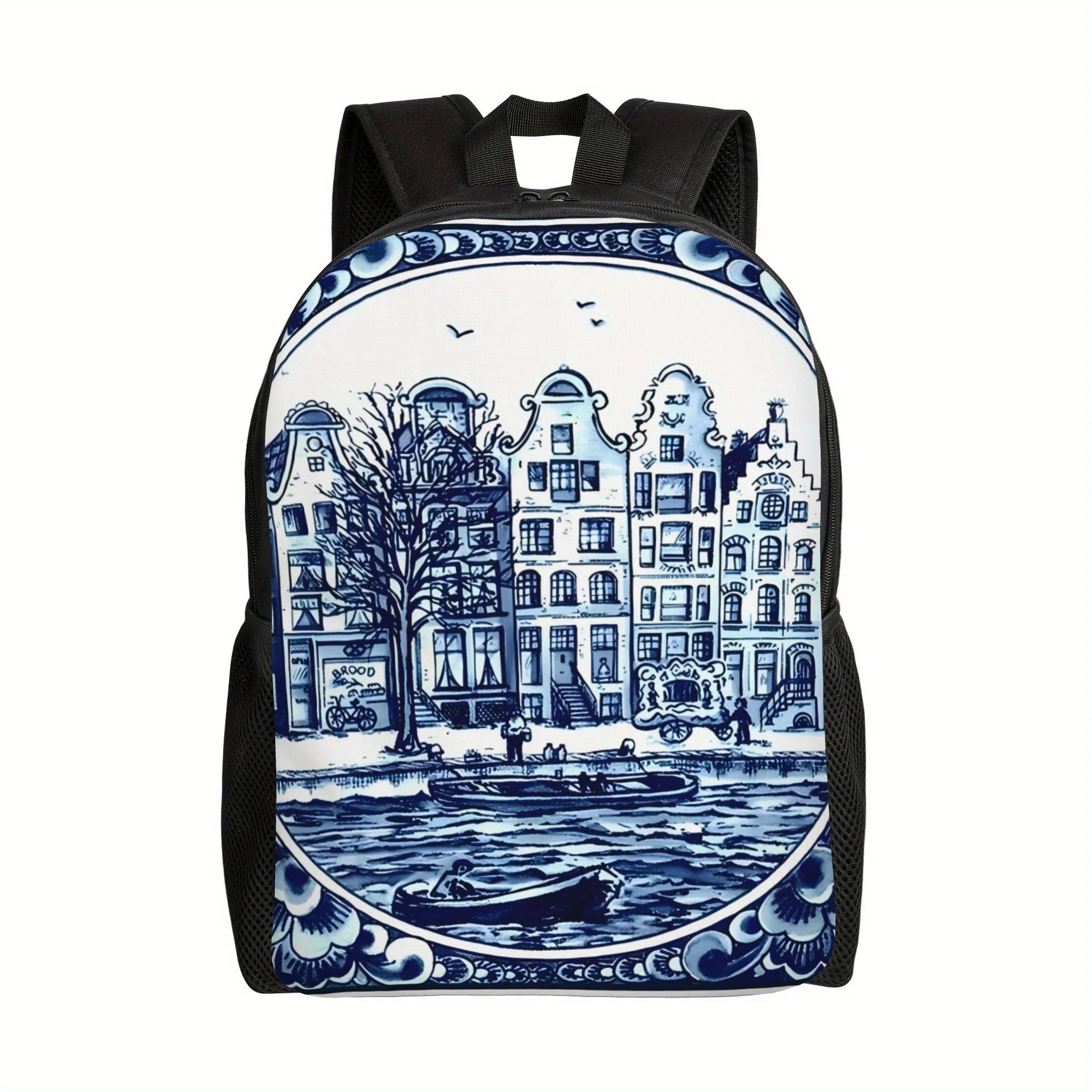 

Рюкзак BIIHUDU с принтом «Голландские синие лодки и каналы Амстердама» — в стиле голландской синей керамики Делфт