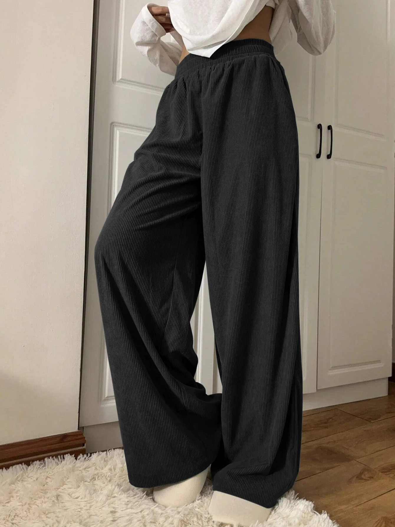 

Women Fashion Solid Color Wide Leg Pants Casual Loose Elastic Waistband Pants with Pockets