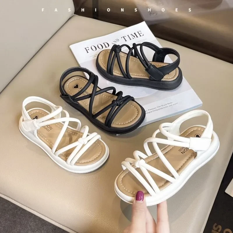

2025 Girls Causal Sandals Summer Open-toe Children Cross-tied Sandals Fashion Black Versatile Kids School Thick Bottom Sandals