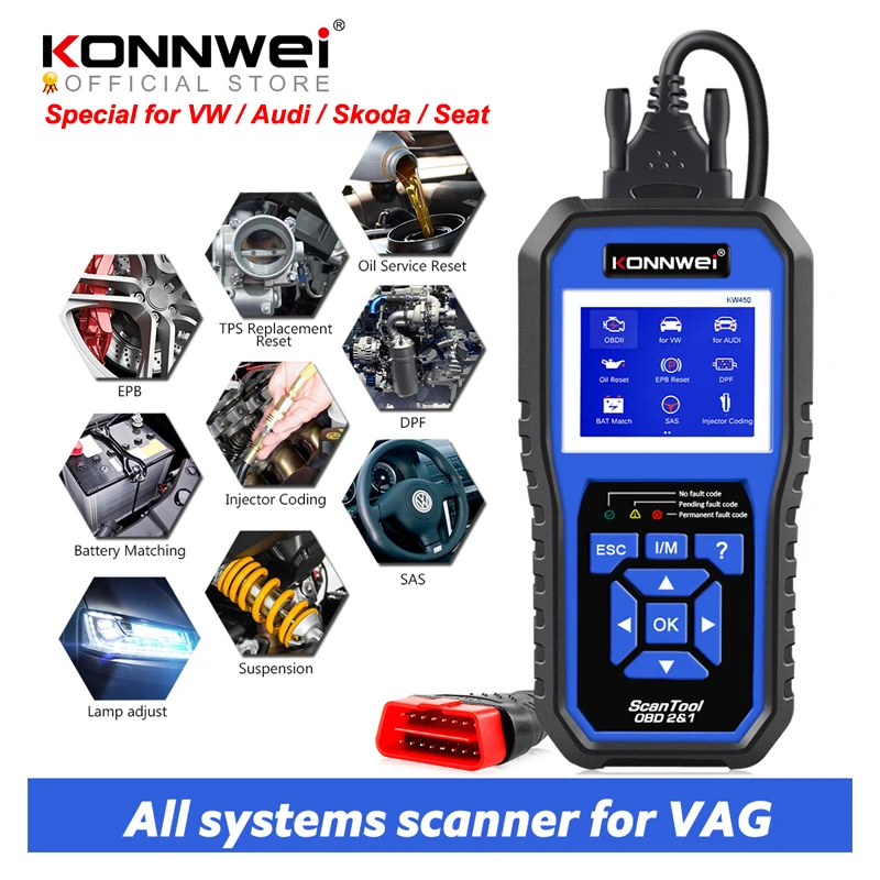 

KONNWEI KW450 OBD2 Diagnostic Tool for VAG Cars VW Audi ABS Airbag Oil ABS EPB DPF SRS TPMS Reset Full Systems Scanner VAG COM