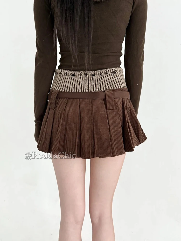 REDDACHiC Stitch Knit Women Pleated Skirt Lounge Corduroy Destroyed A-line Low Rise Belted Mini Skirt Retro School Everyday Wear