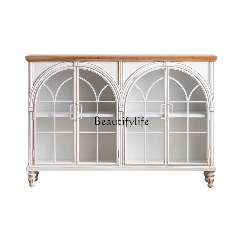 

X4 French retro old wrought iron carved wine cabinet B & B living room display storage side cabinet