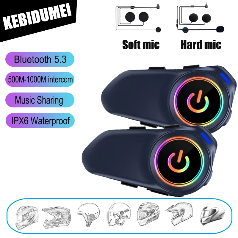 

KEBIDUMEI мотоциклетный шлем Bluetooth5.3, гарнитура для внутренней связи, совместное использование музыки, громкая связь, водонепроницаемый голофон с окружающим освещением