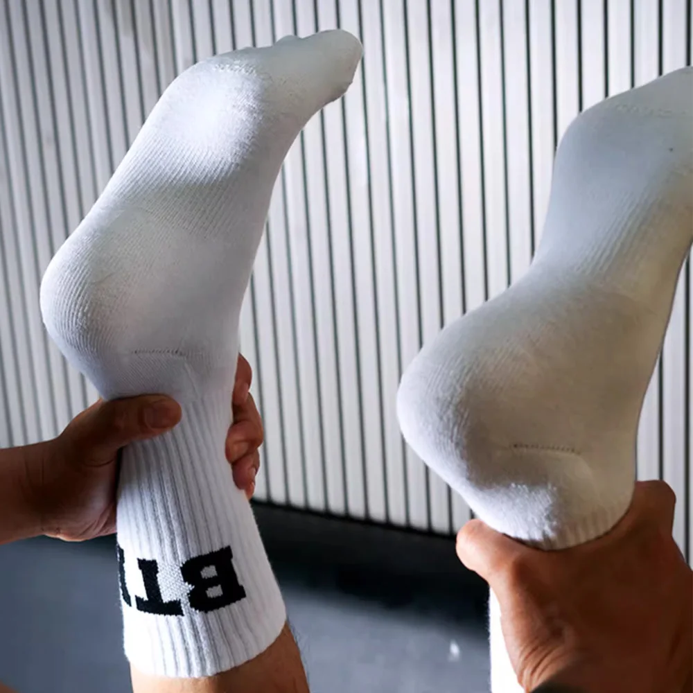 Men's White and Black TOP/BTM Sports Socks Tall Long Fitness Casual Towel Bottom Cotton Socks