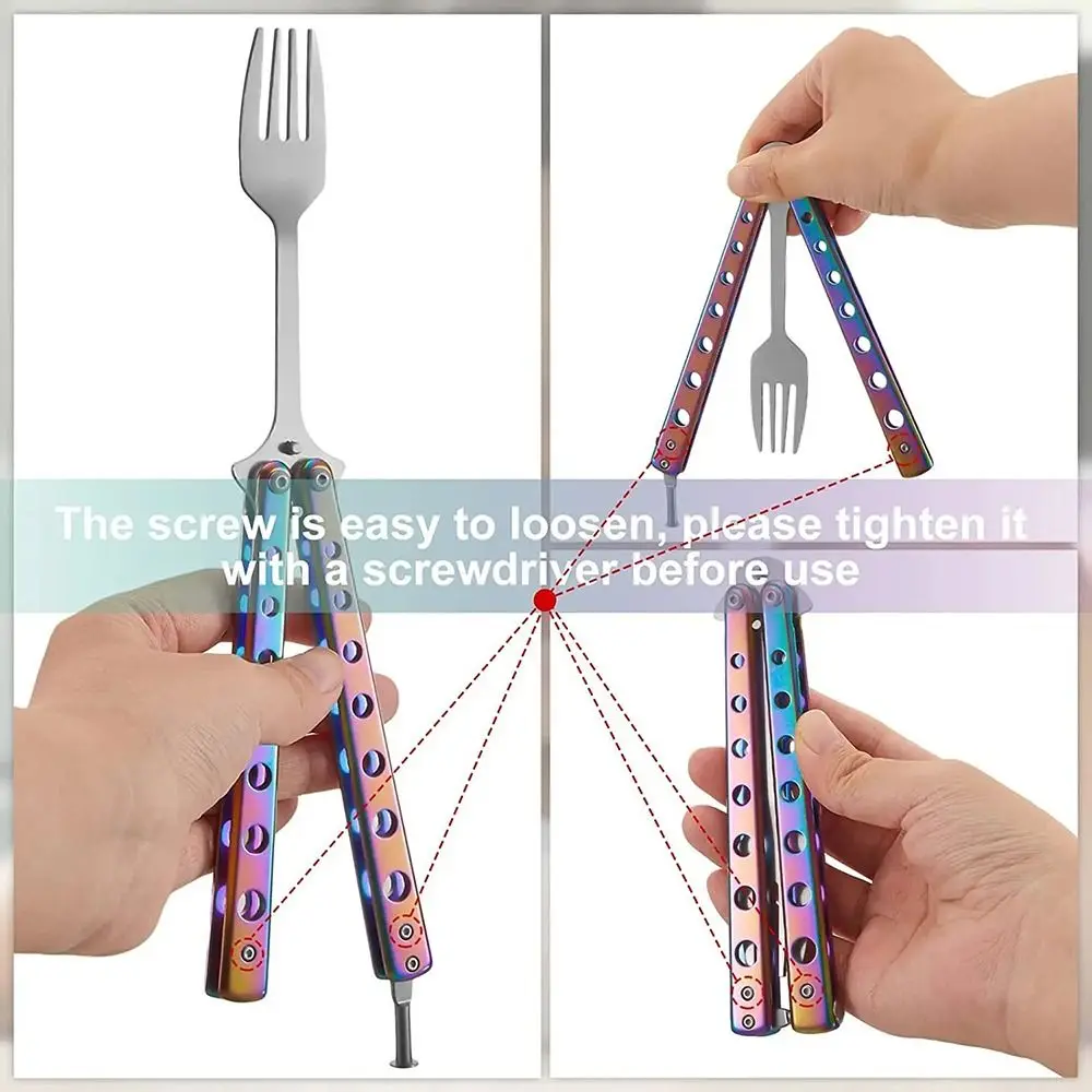 Durable Stainless Steel Folding Spoon Fork Practice Training Outdoor Balisong Training Tool Camping Tableware