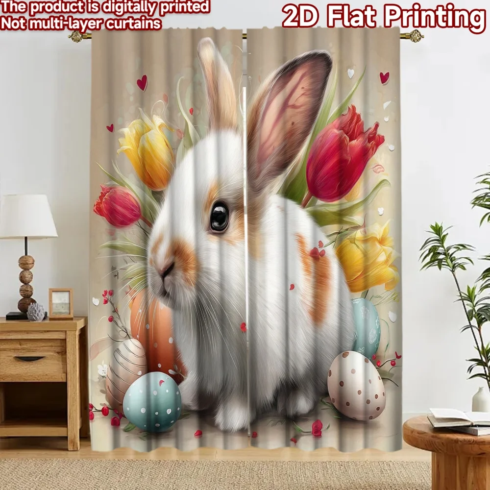 2D flat 2pcs Curtain Country Style Curtains Easter Bunny Tulips Eggs Digitally printed polyester, colorfast Birthday Party for