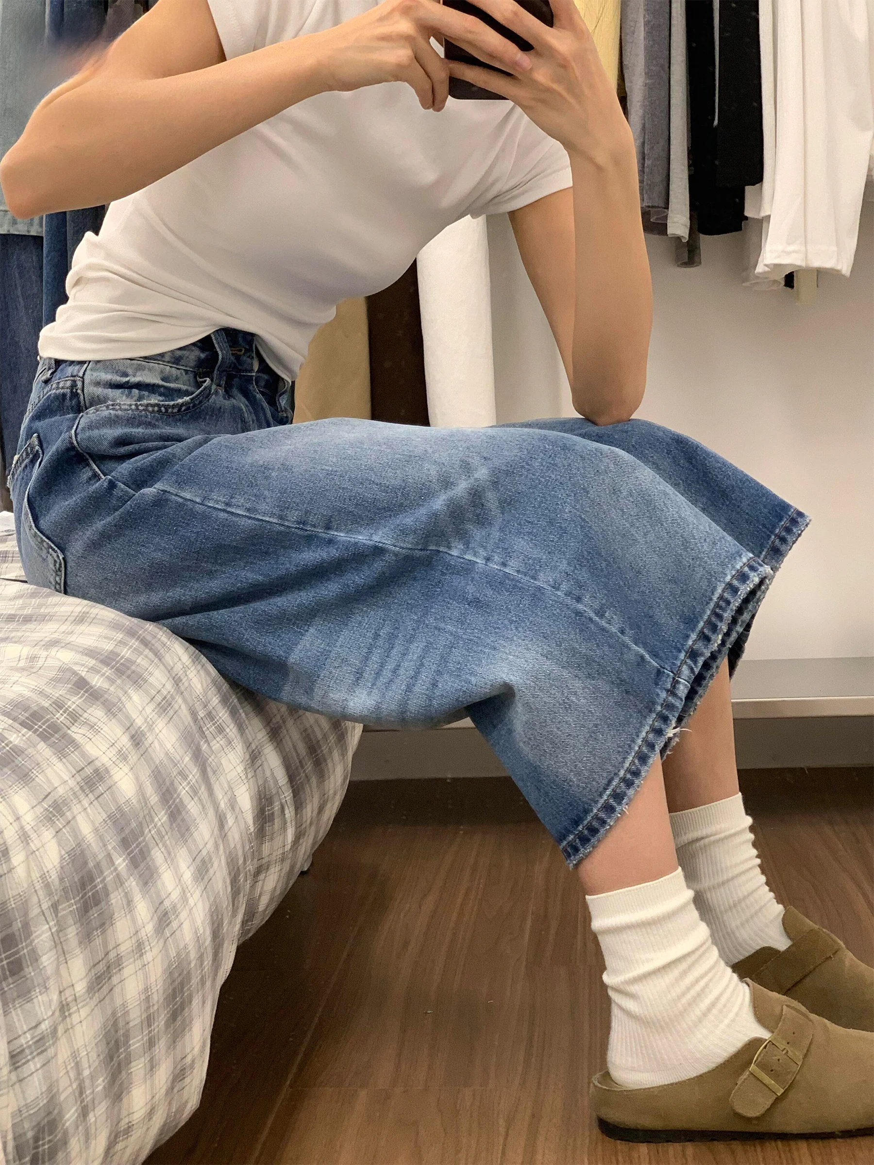 

American Style Vintage Seven-Five Jeans Women's High Waist Loose Small Size Faded Straight Leg Mid-Length Casual Jeans