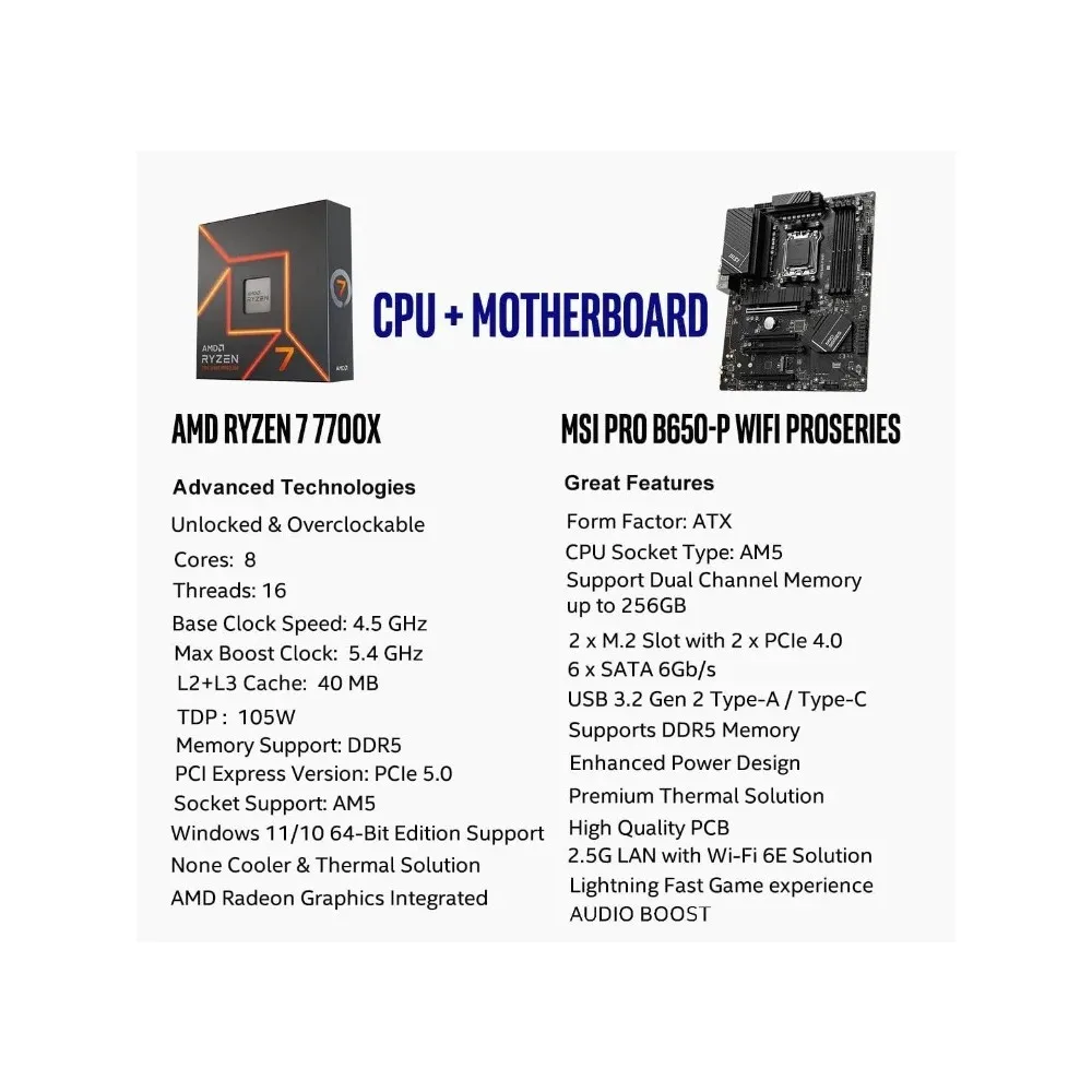 الأثاث الخارجي MSI PRO B650-P WiFi اللوحة الأم مع معالج سطح المكتب AMD Ryzen 7 7700X 6-Core (AMD AM5، ATX، DDR5، PCIe 4.0)