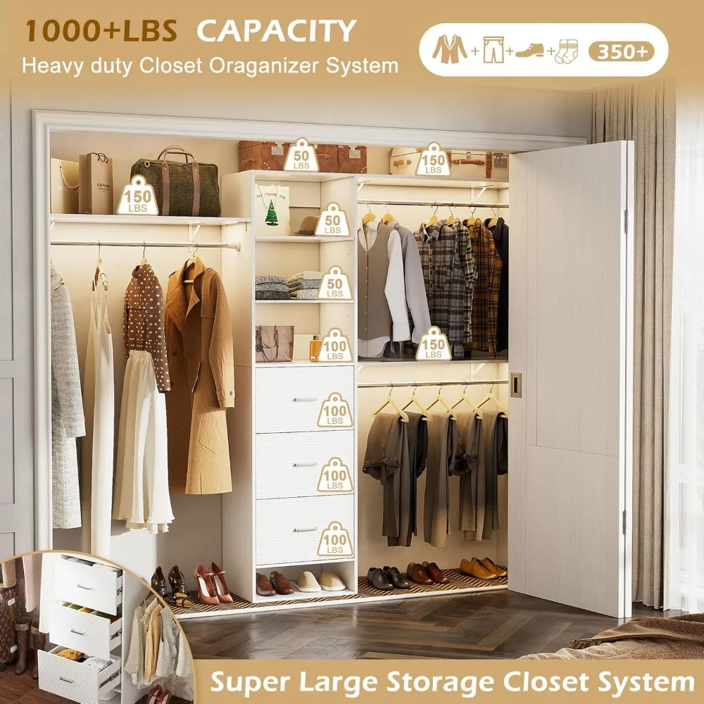 Expandable 8FT Wooden Closet Organizer System with Drawers and Adjustable Hanging Rods for Enhanced Storage Solutions