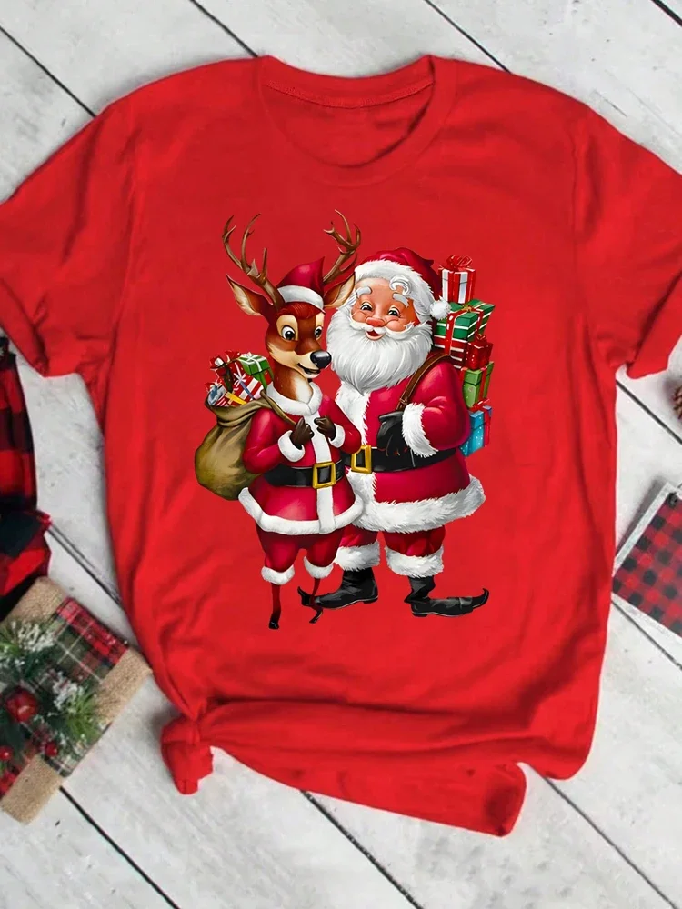 Merry Christmas Santa Claus Deer Print Women T-Shirt Fashion Short Sleeve T Shirt Streetwear Harajuku Female Tees Tops Vibrant