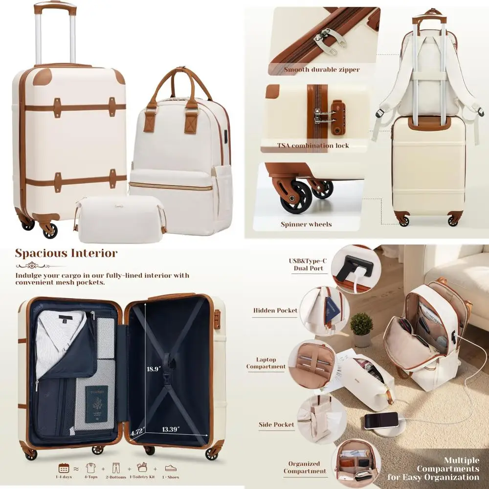 

Набор чемоданов Hardside Spinner из трех предметов с замком TSA, телескопической ручкой и белым чемоданом для ручной клади для путешествий