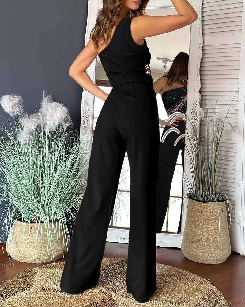 Luxury Women's Jumpsuits Daily Clothing Rhinestone Skew Neck Sleeveless Jumpsuit Sheer Mesh Elegant High Waist Wide Leg Overalls