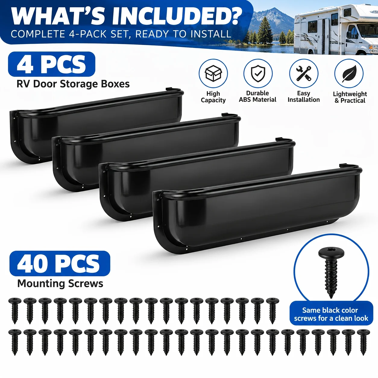 4PCS RV Door Storage Boxes with 40 Screws, 17.72 Inch ABS Camper Door Organizer Pockets, Wall Mounted Storage Bins for Motorhome