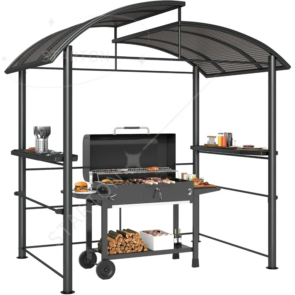 Outdoor BBQ Canopy with Side Shelves, Steel Fra，8' x 5' Grill Gazebo Shelter with Interlaced Vented Polycarbonate Roof