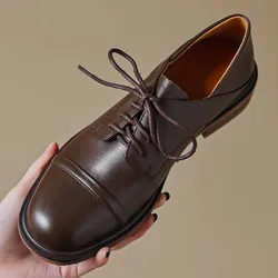Women's genuine leather lace-up flats oxfords square toe soft comfort casual female espadrilles shoes for women