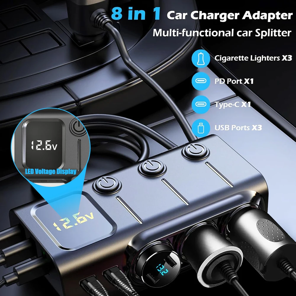 120W 8in1 Car Charger 3Ports Cigarette Lighter Splitter Digital Display 12V 24V Fast Charger Power Adapter for iPhone GPS Dashca