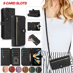 Crossbody Wallet Phone Case for Samsung Galaxy Z Fold 6 5 4 3 Fold5 Fold4 Fold6 5G Card Holder Stand Lanyard Flip Leather Cover