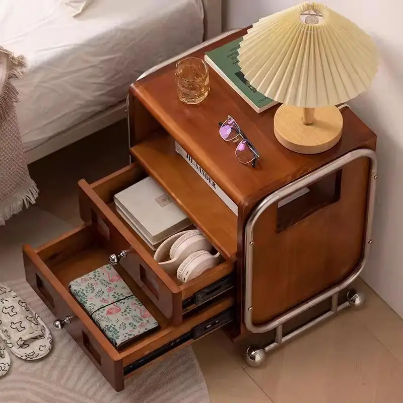 Solid wood treasure box bedside table stainless steel medieval bedroom living room side cabinet sofa Bauhaus storage