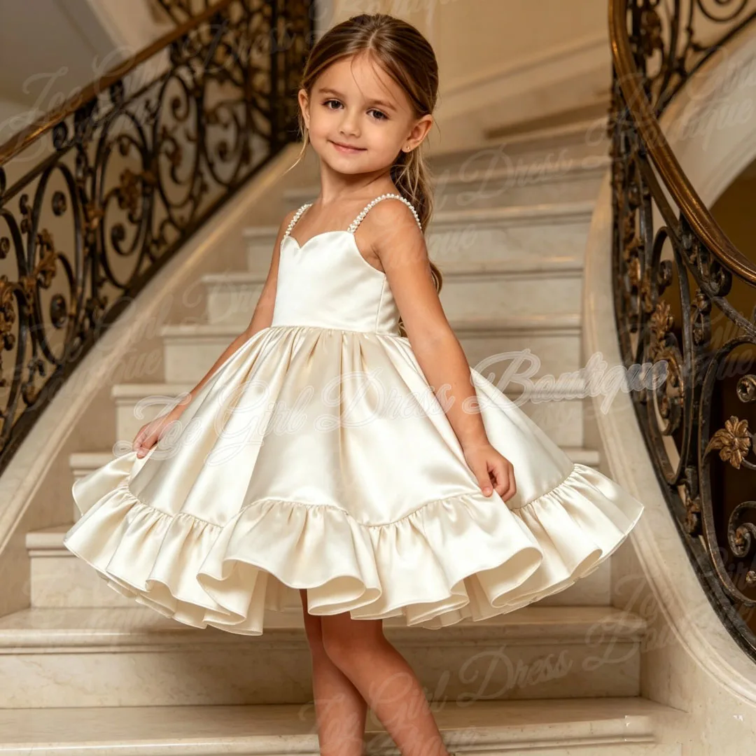 Customized White Spaghetti Strap Flower Girl Dresses For Wedding Satin Puffy Birthday Party Performance First Communion Gown