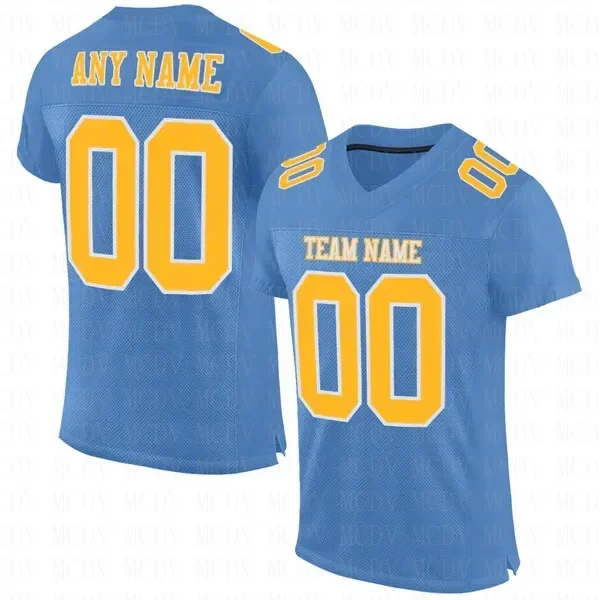 

Custom Light Blue Gold-White Mesh Authentic Football Jersey Short Sleeves Athletic Tee Shirts Unisex Top streetwear