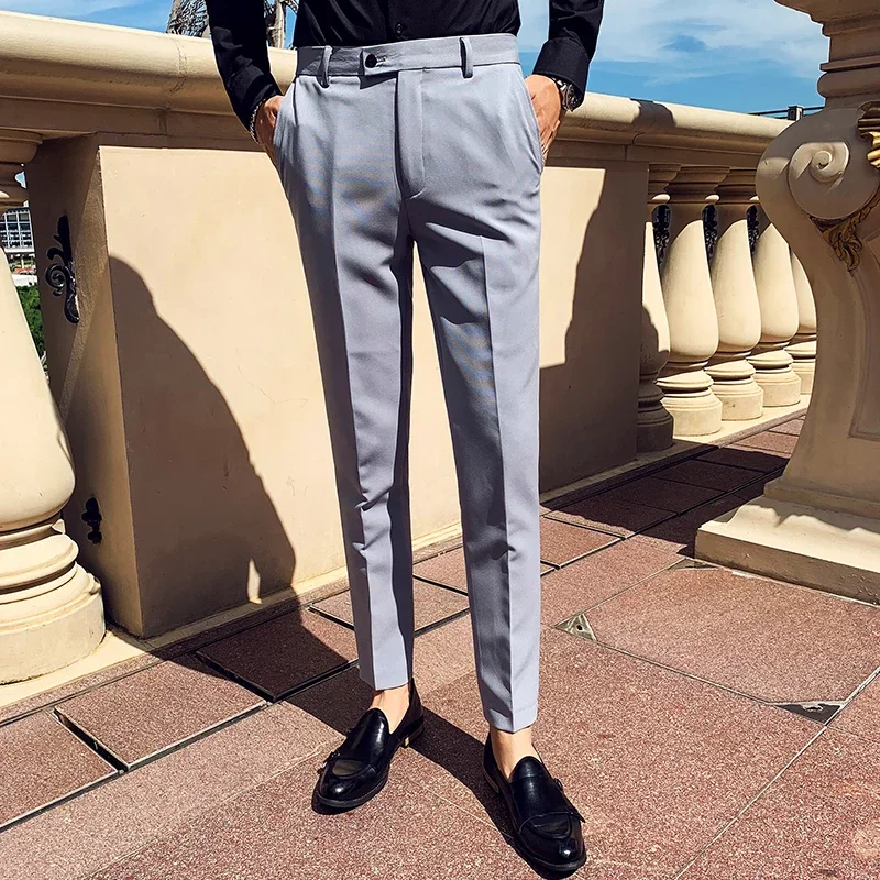 Boutique Fashion Solid Color Mens White Business Casual Suit Pants Male Slim Casual Trousers Wedding Dress Suit Pants