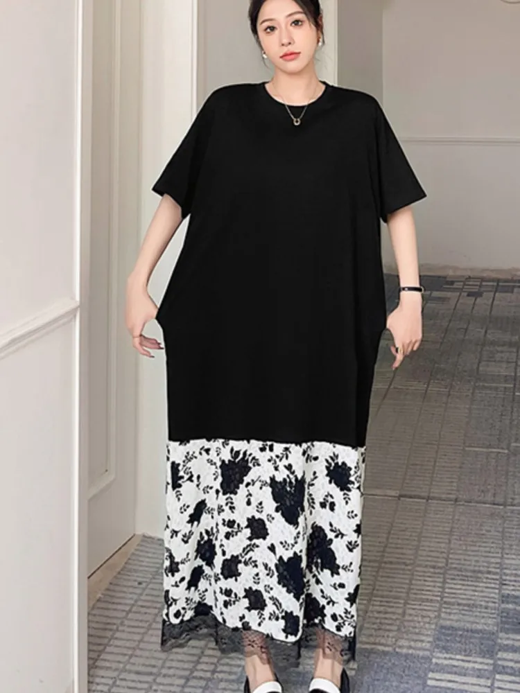 Zomer Big Size Kant Gesplitst Mid Body T-shirt Vrouwen Jurk Nieuwe O-hals Korte Mouw Mode Dames Jurken Tij Vestidos