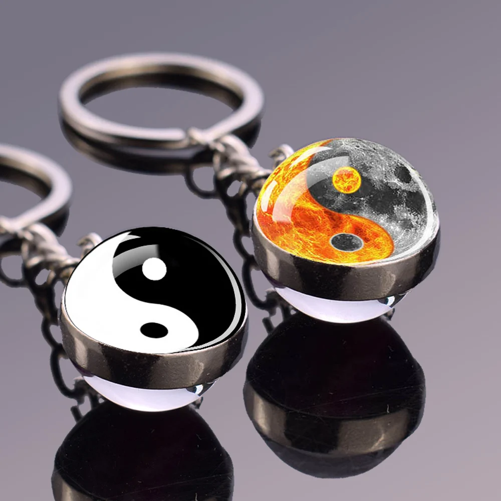 Yin Yang Keychains Black and White Yinyang Tai Chi Double Sided Glass Ball Pendant Key Chain Taoist Symbols Keyring Jewelry Gift