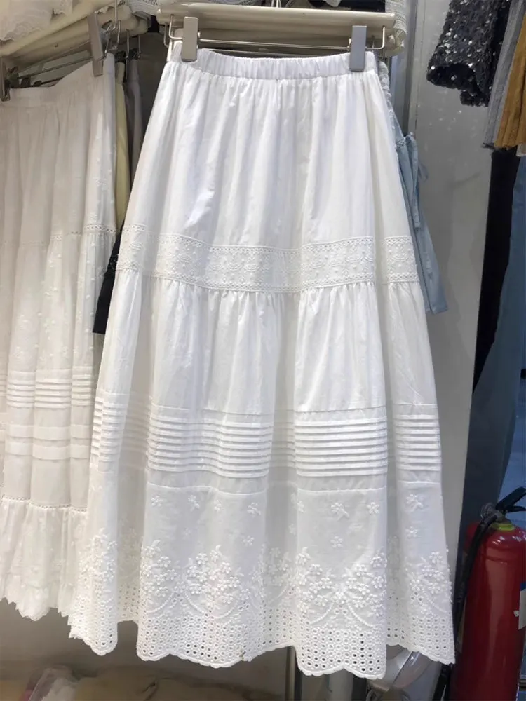 

Ele High Waist Lace f Skirt Women's Summer Thin Cotton Linen Midi A-Line Umbrella Skirt Comfortable Commute Sle