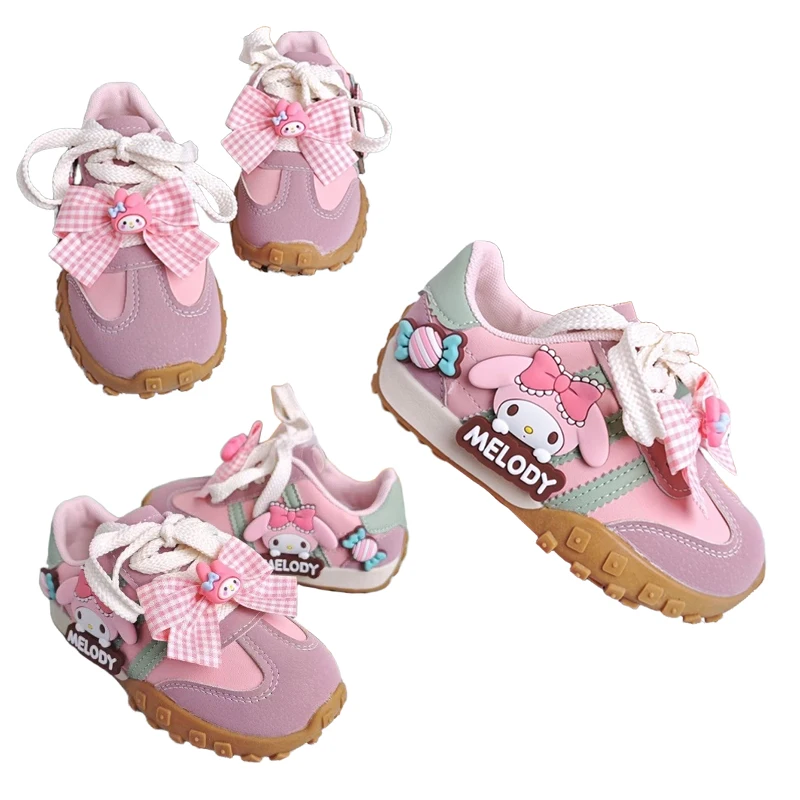 

My Melody-Girls' PU Leather Cartoon Shoes, Outdoor Soft Bow, Anti-Slip Sneakers, Children's Shoes, Pink, Size 26-37