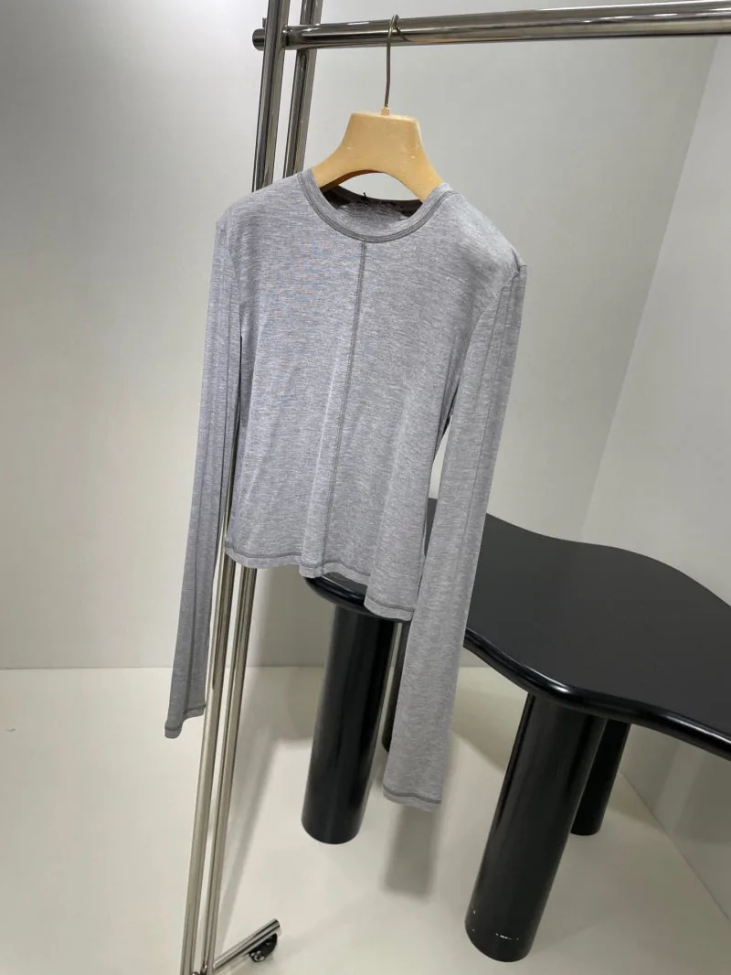 2024 Spring/Summer New Fashion Grey Knitted Top Women\'s Round Neck Short Sleeve Casual Sweet T-shirt