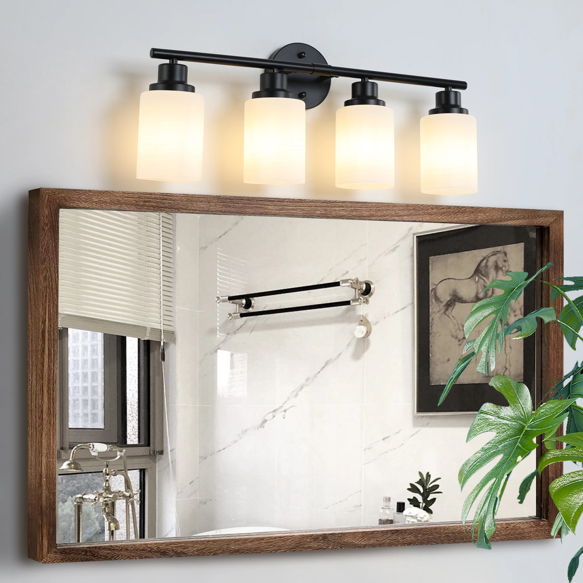 Modern 4-Light Vanity Bathroom Mirror Light, Frosted White Glass with Black Iron Frame(Bulb Not Included)