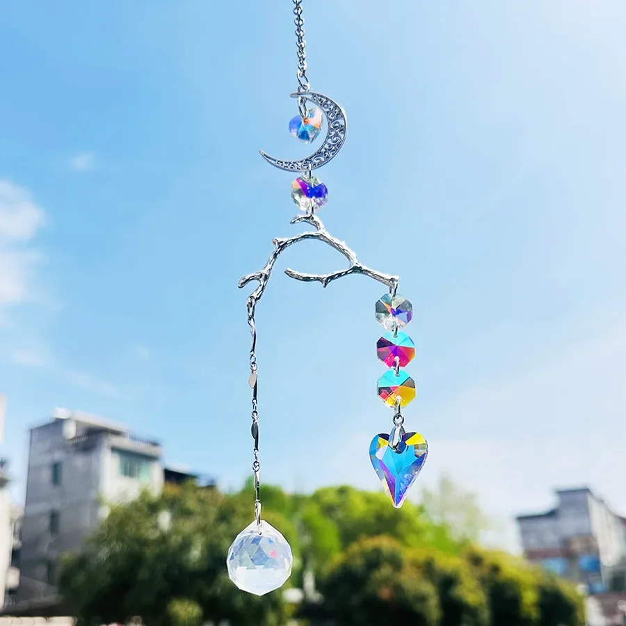 Crystal Suncatcher Rainbow Maker Hanging Decor Branches Moon Heart Pendant Glass Ball Prism Home Fairy Garden Outdoor Car Decor