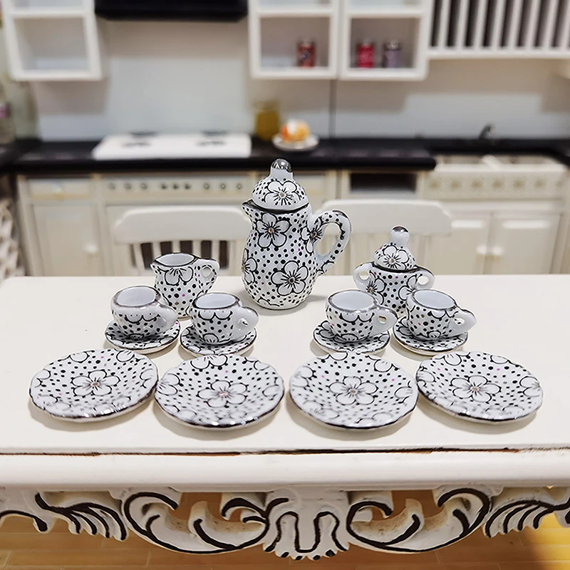 **1Set 1:12 Dollhouse Miniature Porcelain Ceramic Tea Cup Set Tableware Kitchen Dollhouse Teapot DIY Toys