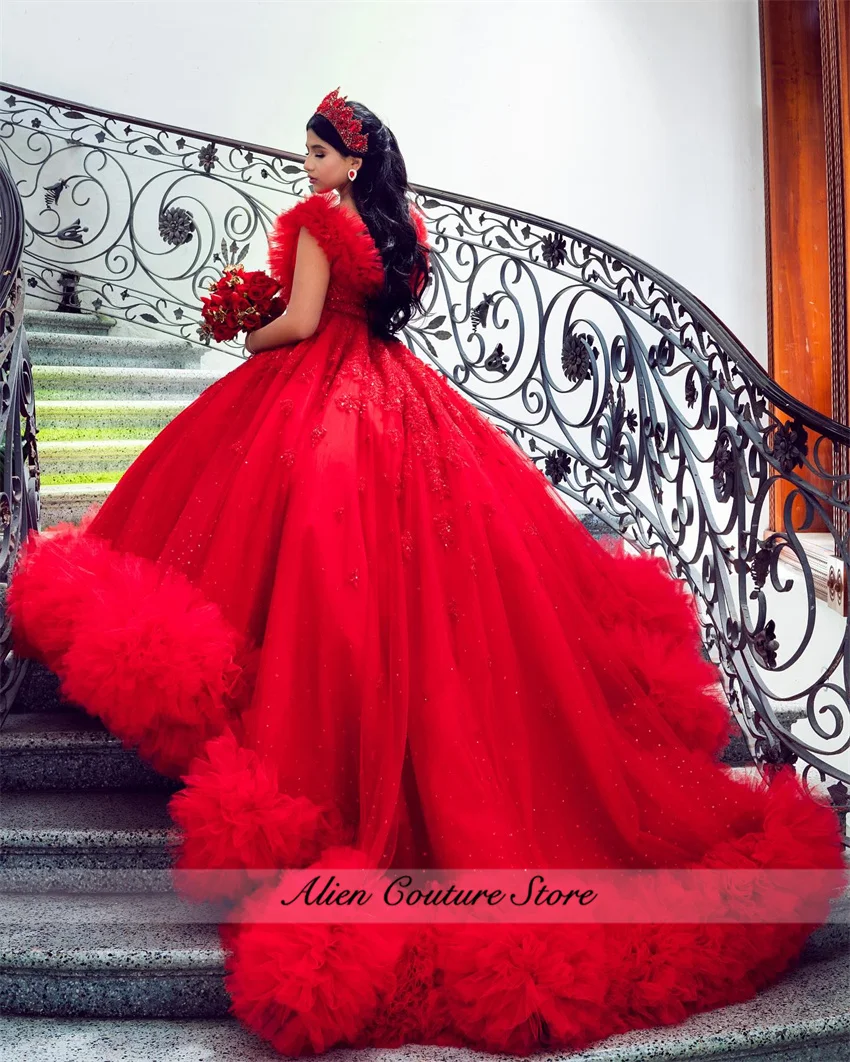 Mexiko roten Tüll Quince anera Kleider Spitze Applikation Perlen Rüschen süß 16 Kleid Geburtstags feier Kleid Vestido de 15 angepasst