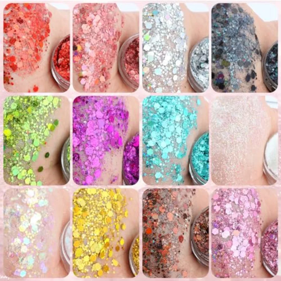 Body Glitter, Face Glitter, Hair Glitter, Holographic Concerts Festival Rave Chunky Glitter Gel, 12 Colors view 2