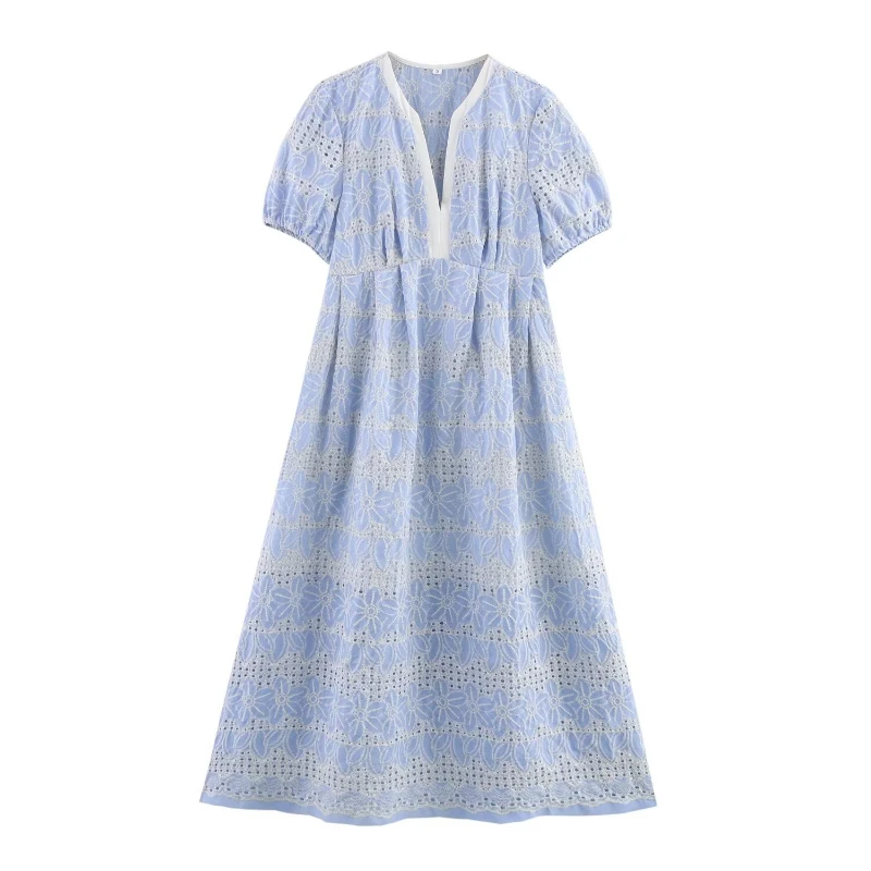 

2026 Summer New V-neck Small Fresh Hollow Half Sleeve Waist Mid Length Dress for Women