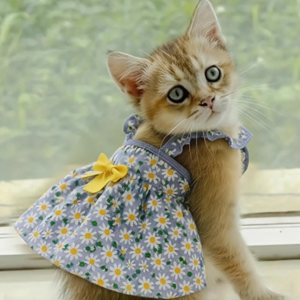 Modisches Katzen- und Hundekleid, ärmellos, mit Blumenmuster, schmal geschnitten, Katzen-Prinzessinnenkleid, Hundekleid, Sommerkleidung, Welpenrock, Chihuahua, Bichon – Detail 5