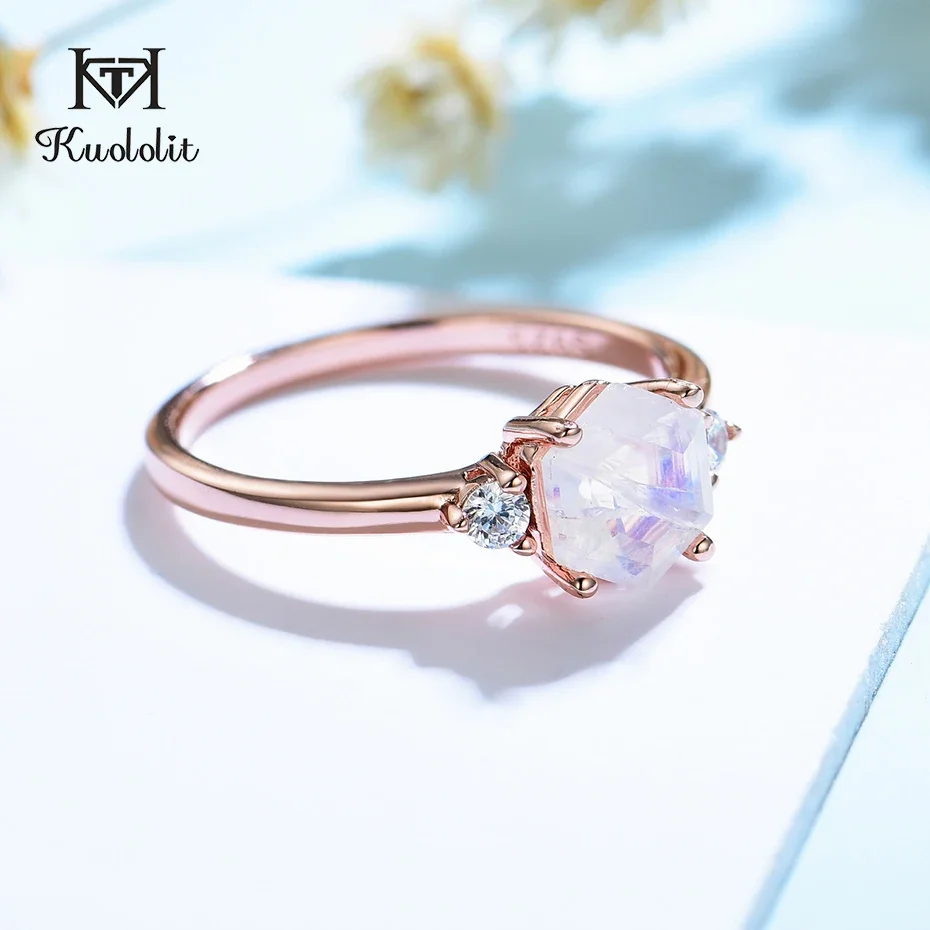 Kuololit Natural Moonstone Gemstone Ring for Women Solid 925 Sterling Silver Rainbow Hexagon Ring For Engagement Party Gifts New