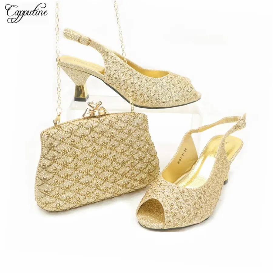 Silver Women Sandals And Bag Set To Match Fashion African Ladies High Heels Shoes With Handbag Pumps Clutch Sandales Femmes GL24